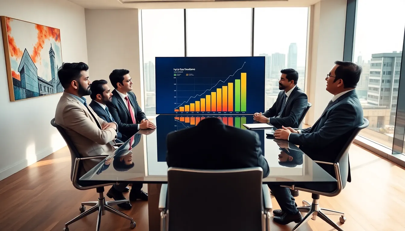 diverse CEOs strategizing on economic growth in a modern conference room.