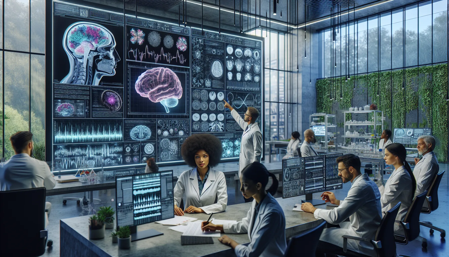 diverse team discussing neuroscience in a modern research lab.