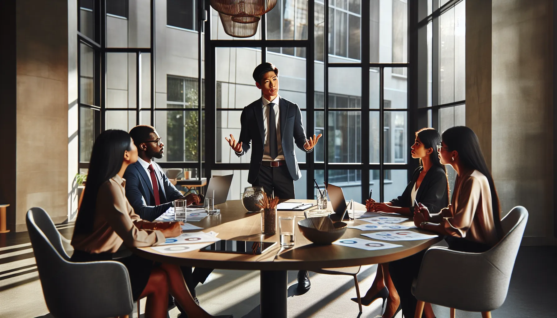 A leader inspiring a team while a manager plans logistics in a modern office.