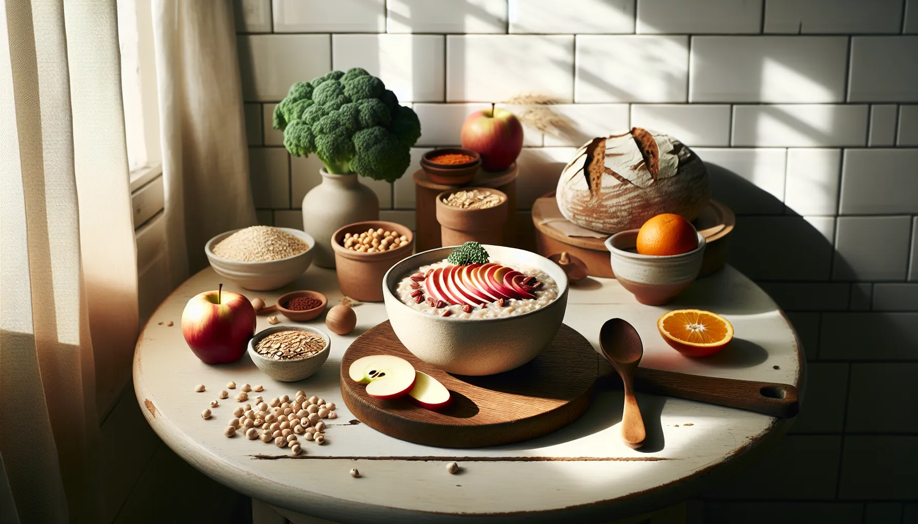 Steaming oat porridge with apple, grovt brød, legumes, and greens in nordic light.