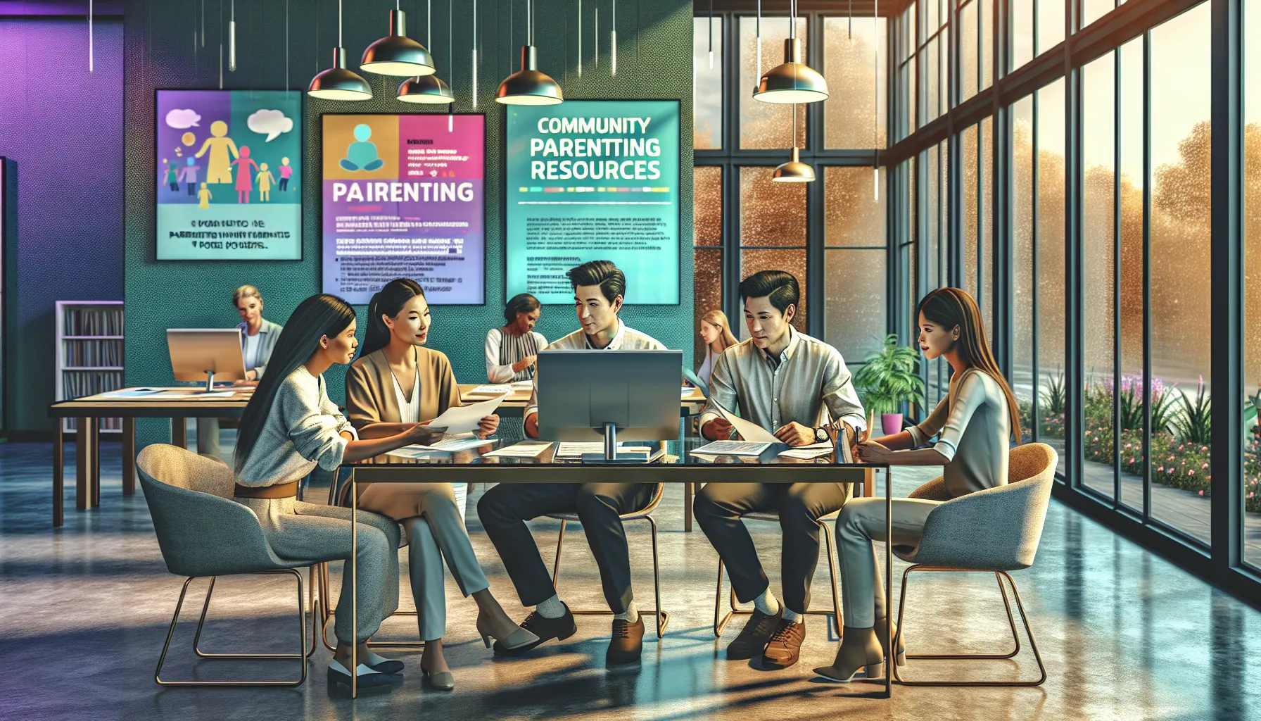 diverse team collaborating on parenting resources in a modern office.