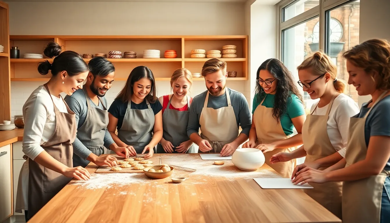 diverse bakers joyfully making cookies in a modern kitchen.
