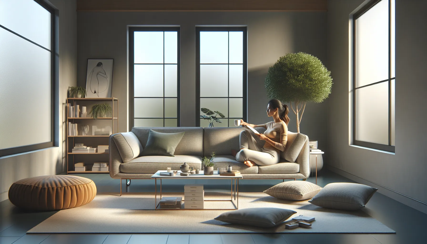 mother enjoying coffee in a cozy living room, emphasizing self-care.