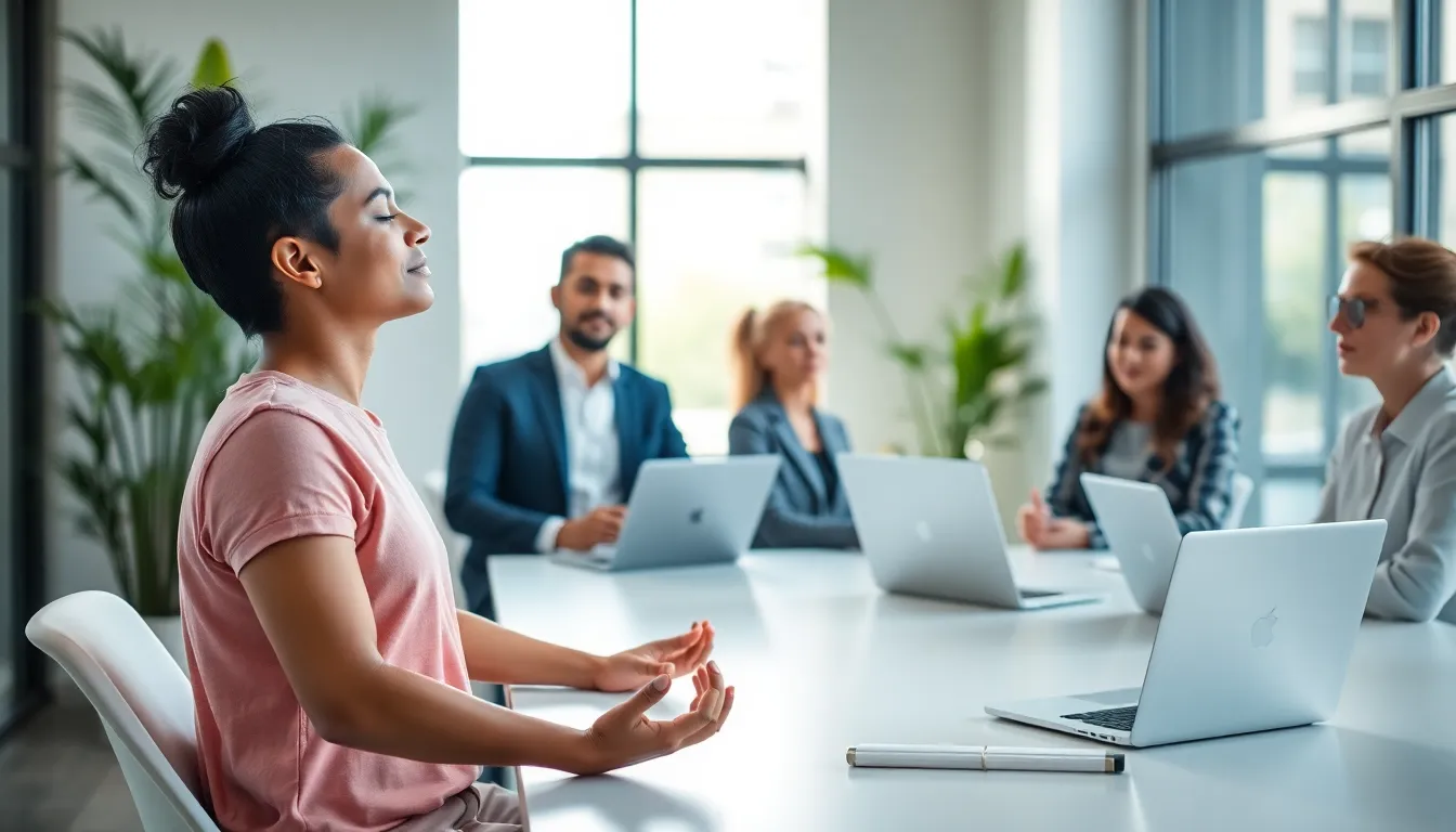 team practicing mindfulness in a modern office setting.