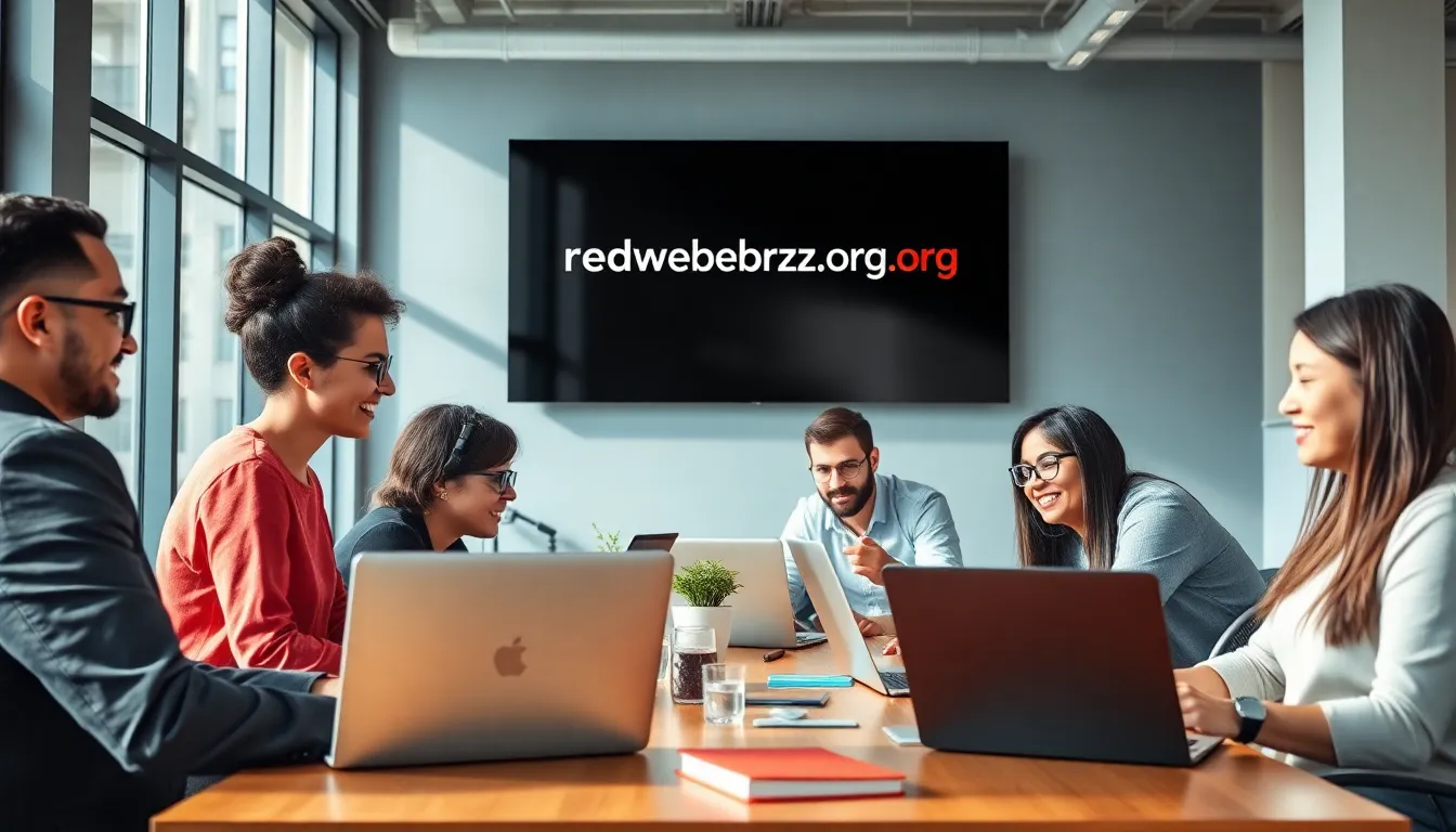 diverse team collaborating in a modern office for Redwebzine.org.