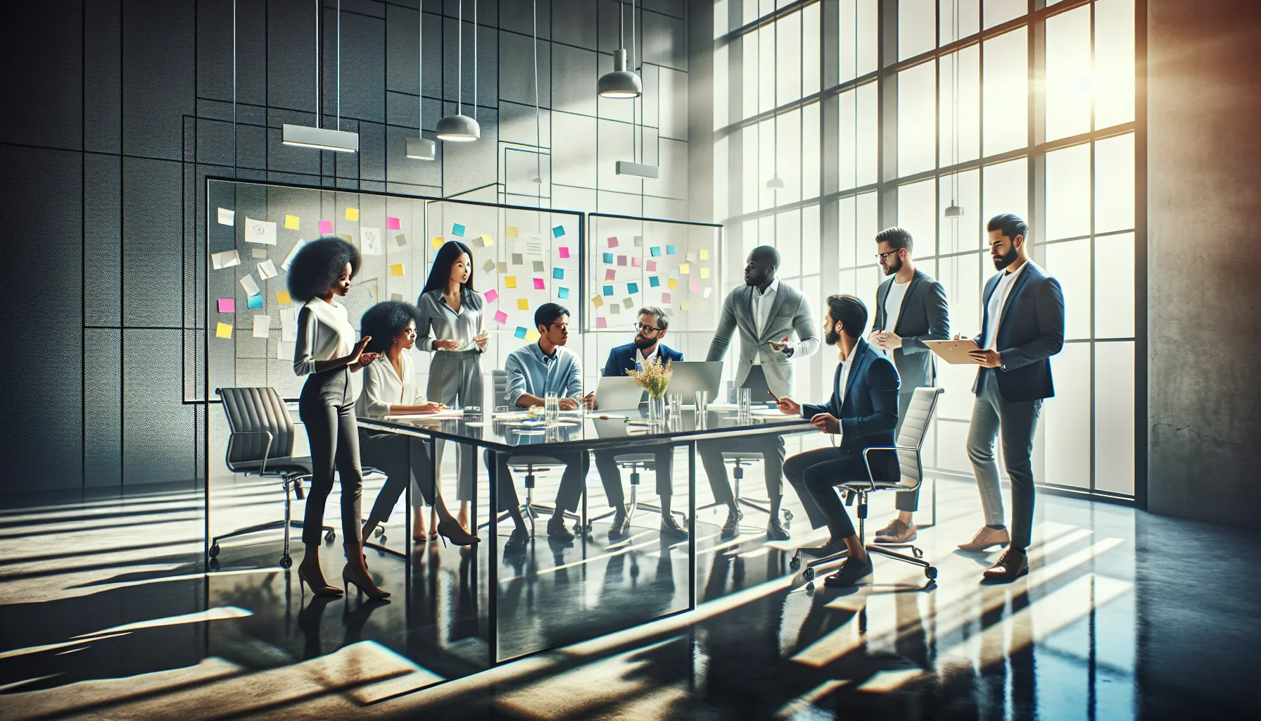 diverse team brainstorming in a modern office setting.