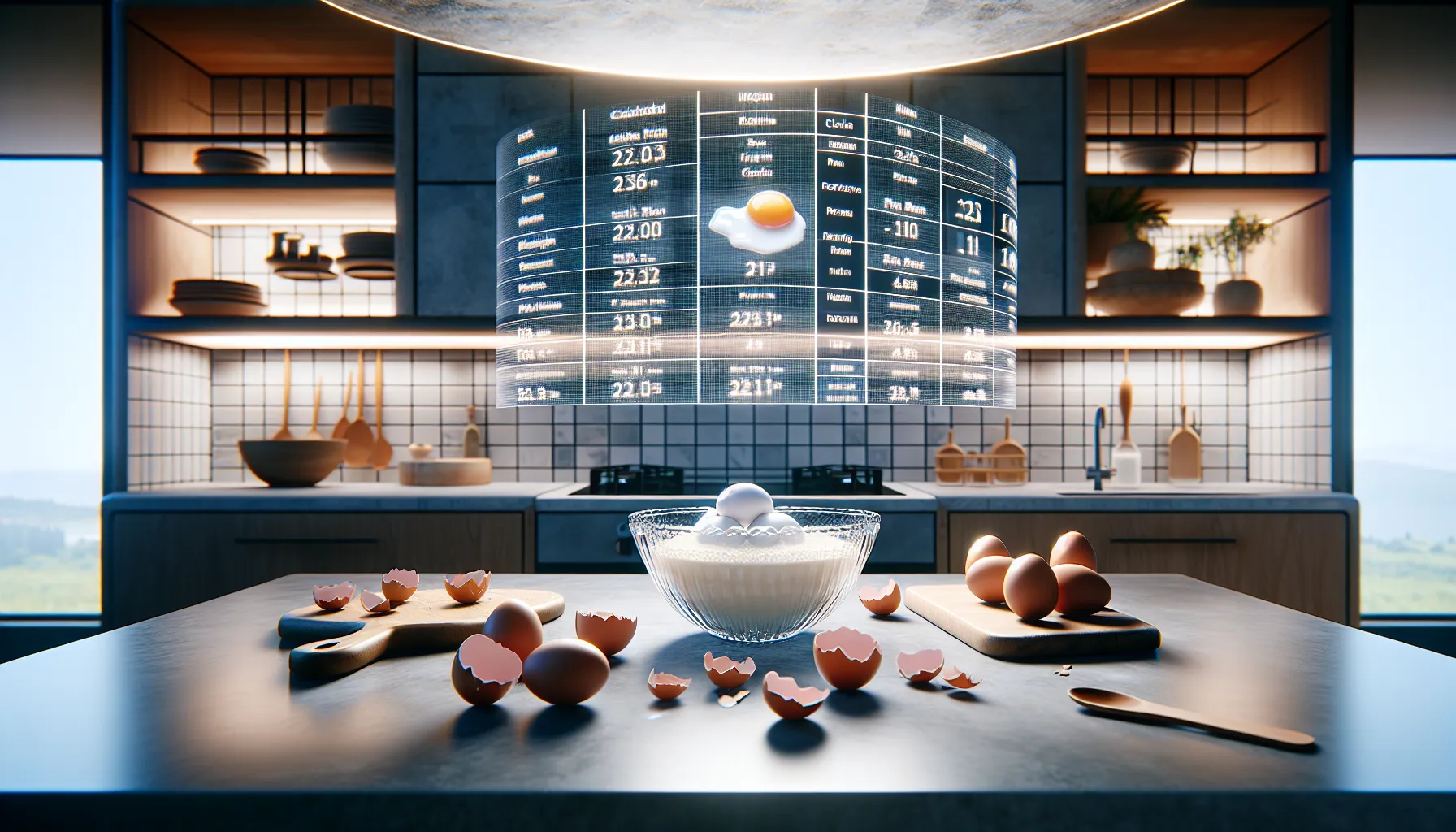 Glass bowl of egg whites, whole eggs, and nutrition facts on modern counter.