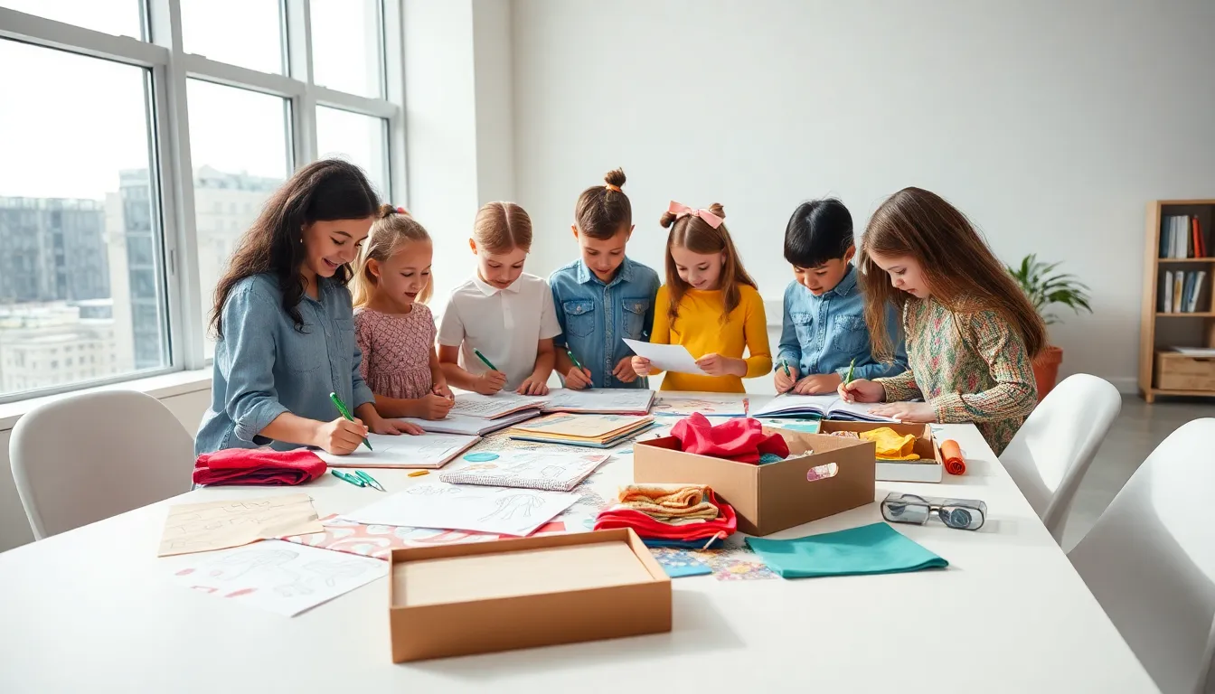 children collaborating on a fashion design kit in a bright workspace.