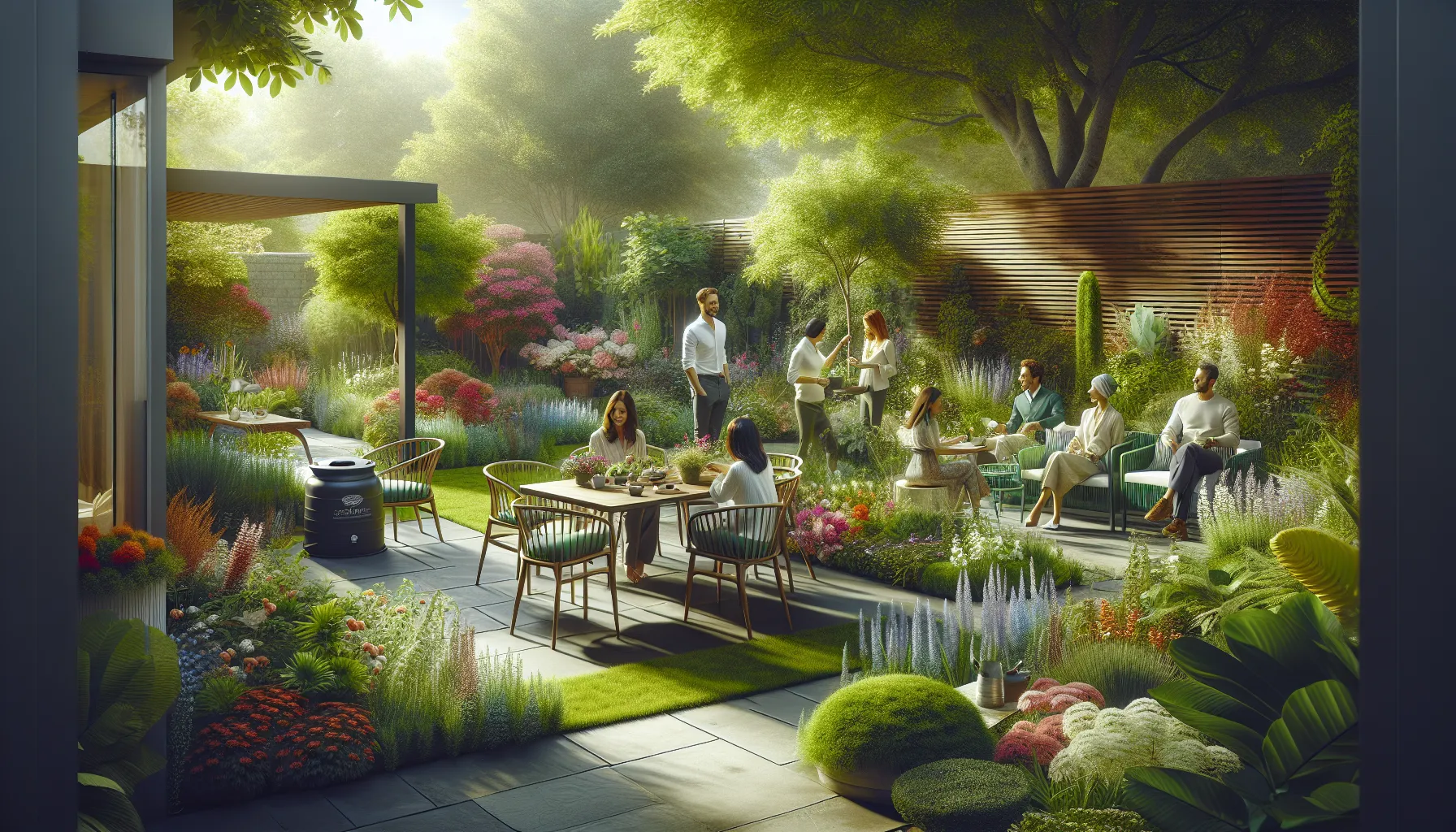 diverse group caring for a vibrant garden patio.