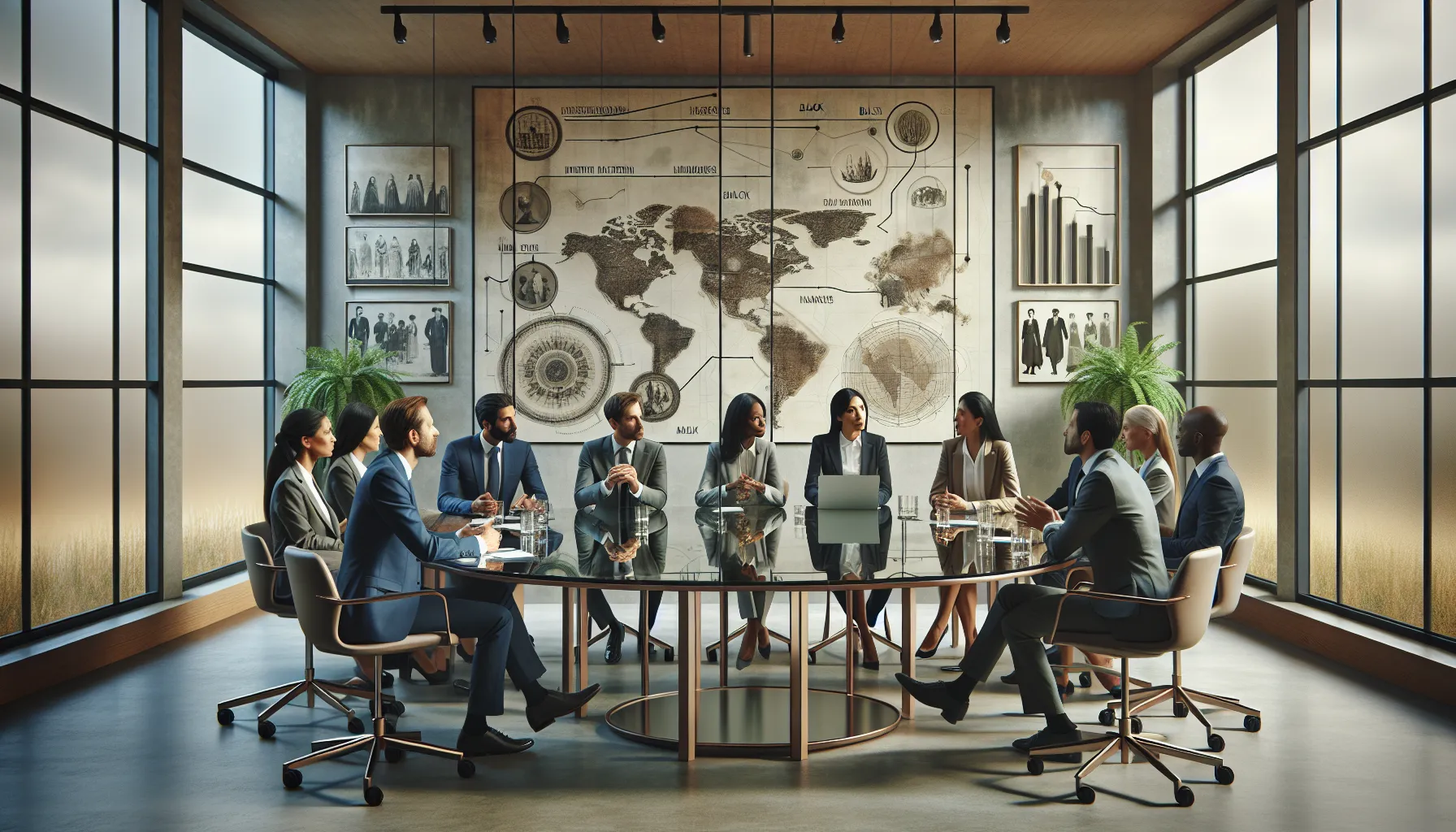 diverse team discussing the historical evolution of Nicgerakios in a modern office.