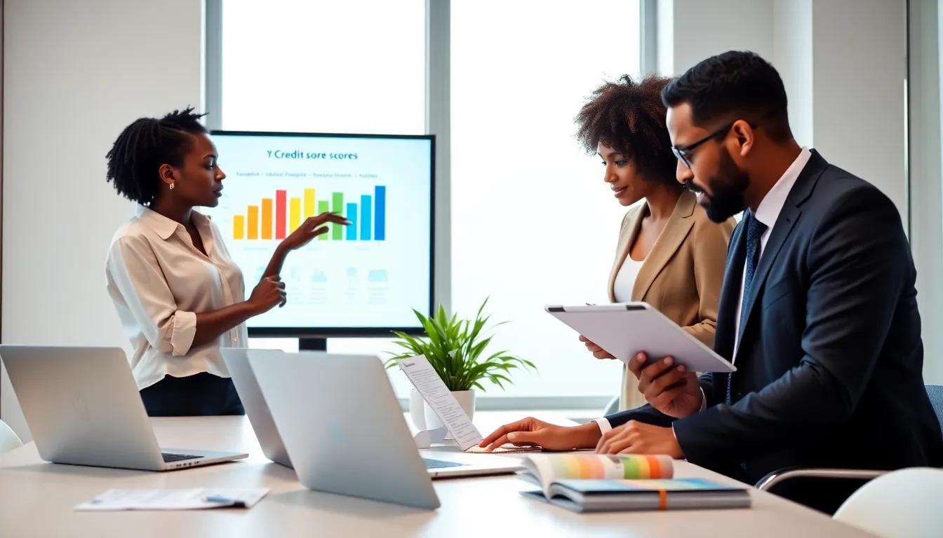diverse team discussing credit scores in a modern office.