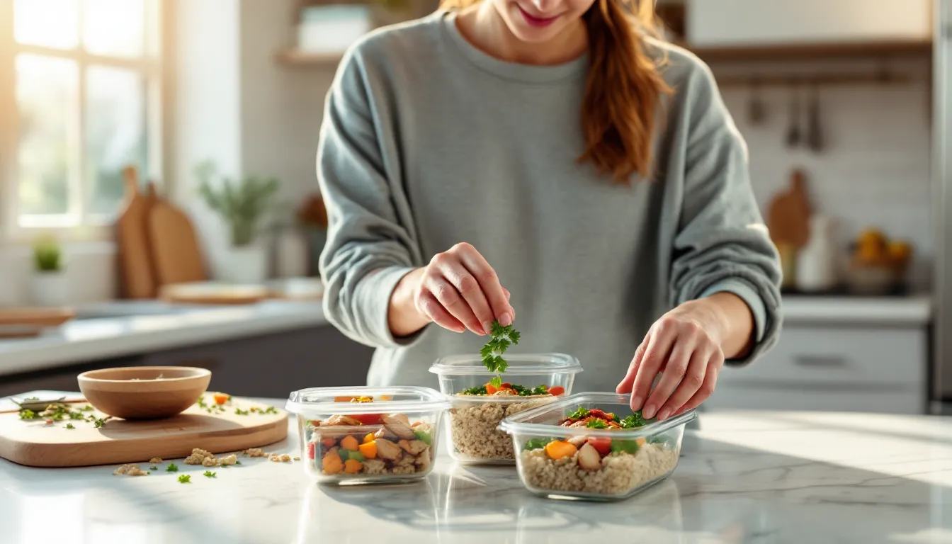 Woman preparing weekly meal-prep containers in a sunny kitchen on Sunday.