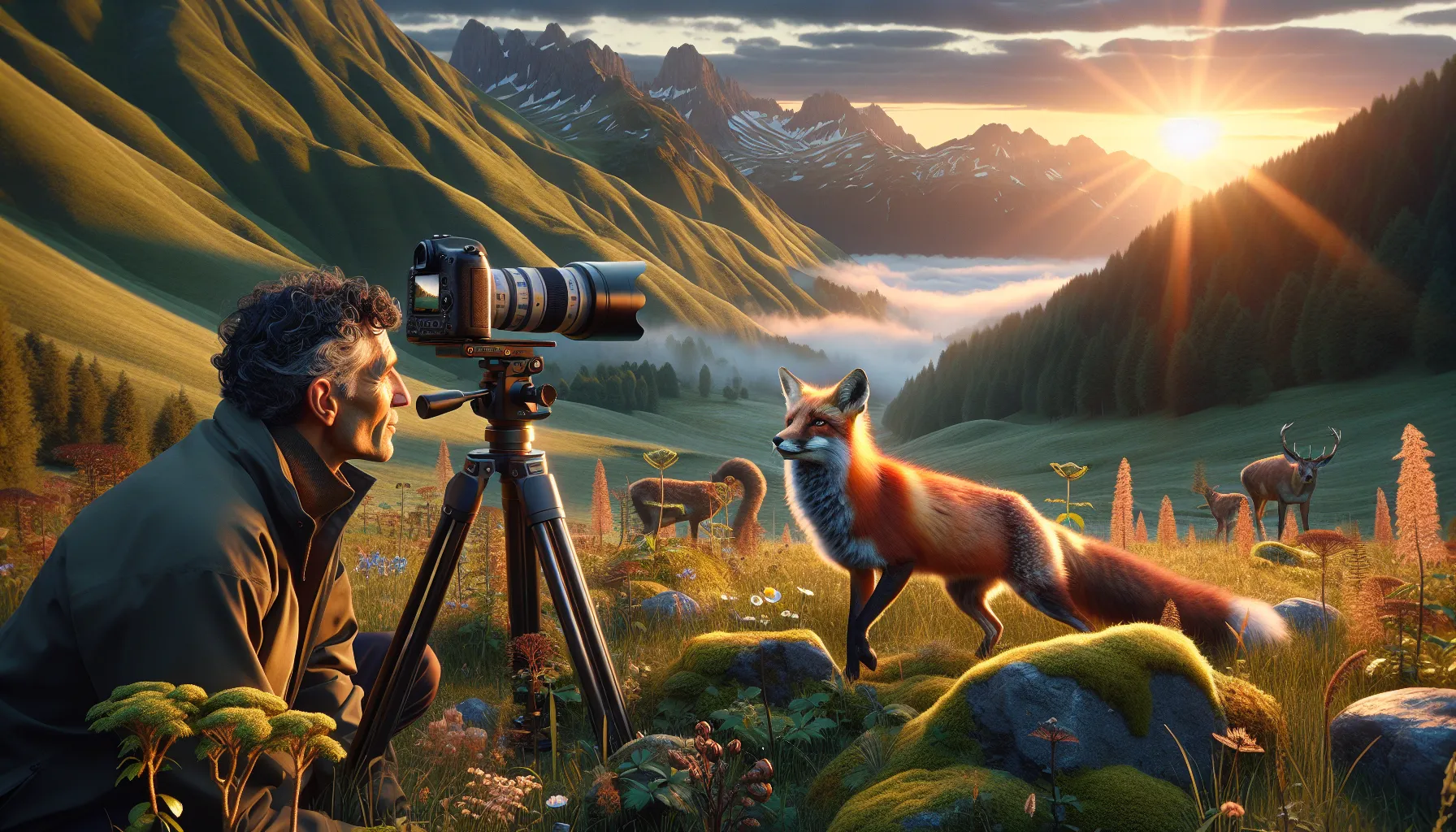 a filmmaker recording a wild fox in Italian countryside at sunrise