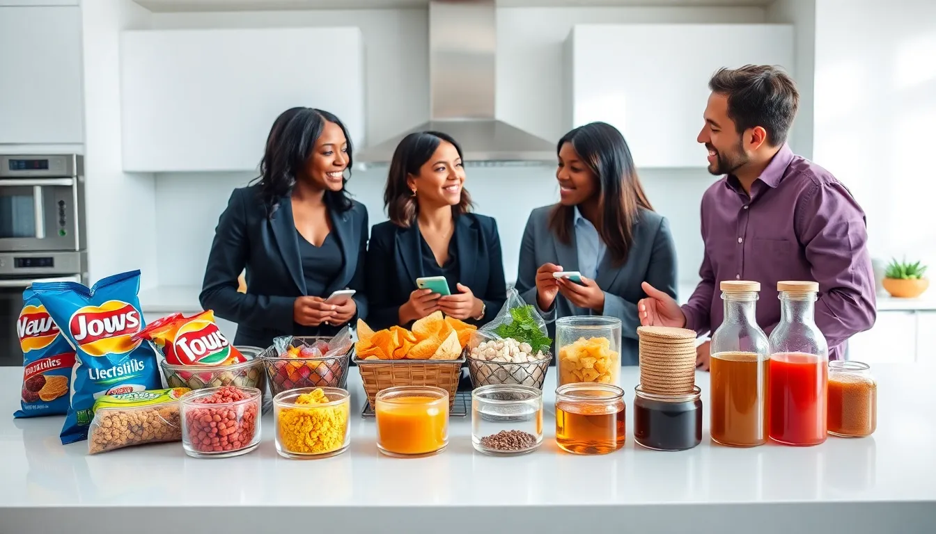 kitchen scene with snacks and food additives being discussed by diverse professionals.