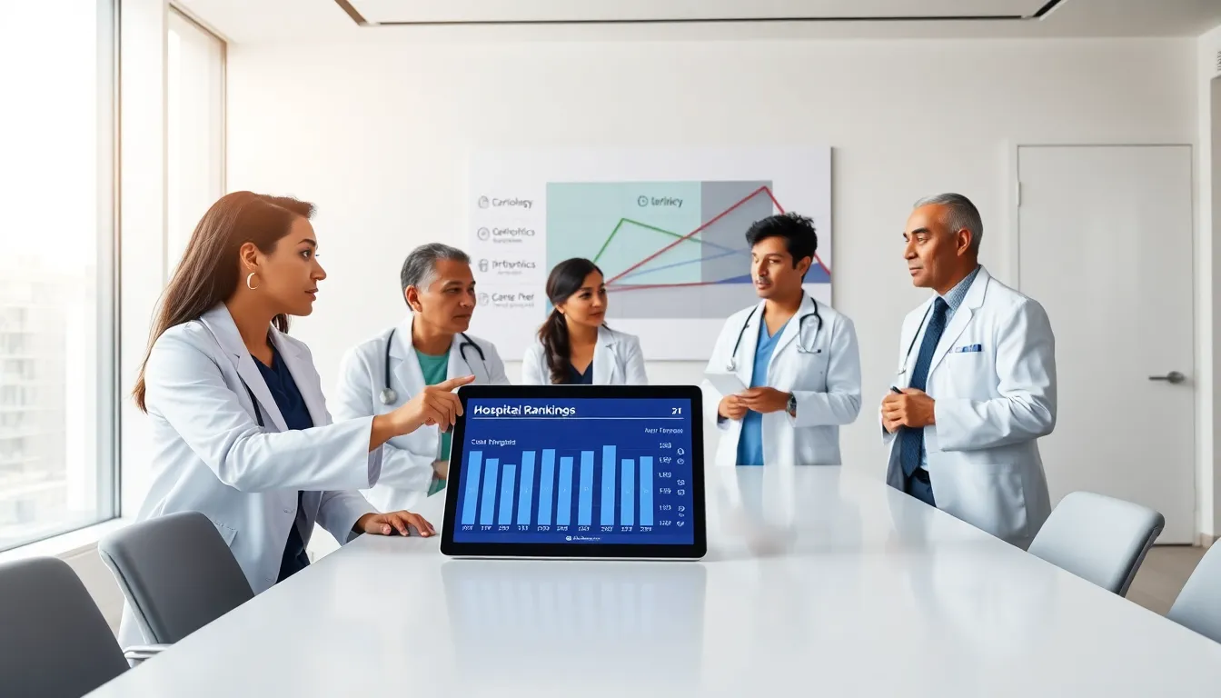 healthcare professionals discussing hospital rankings in a modern conference room.