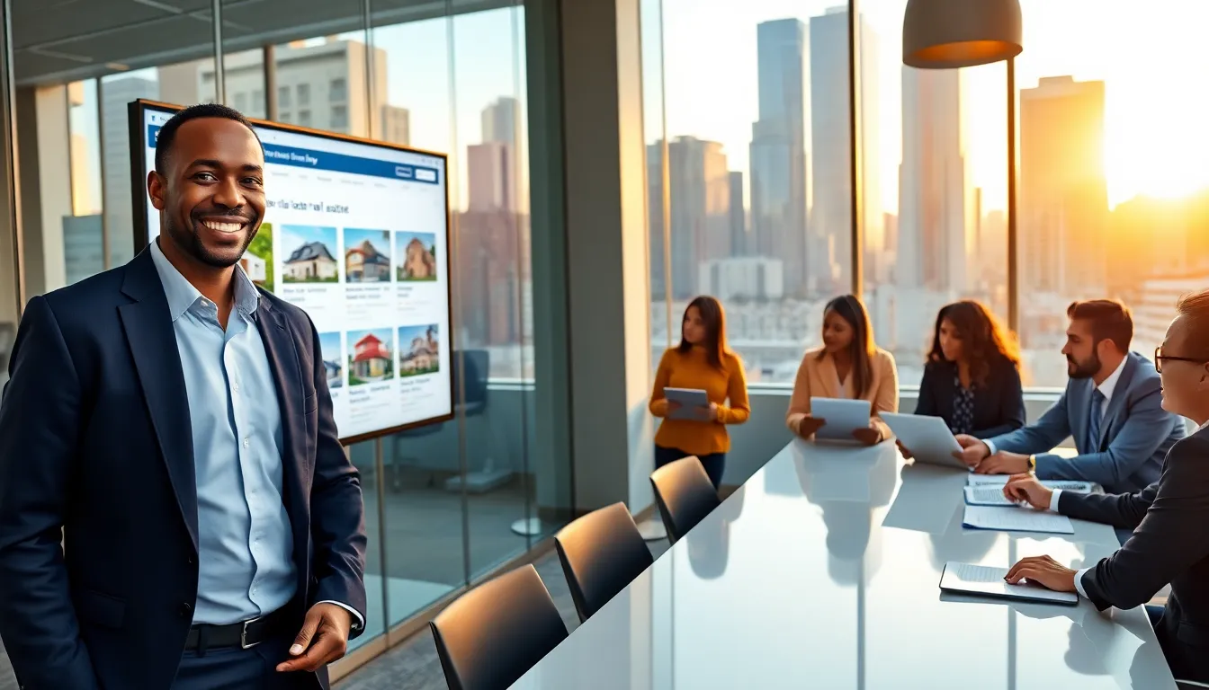 Timothy Williams in a modern office, showcasing a real estate website.