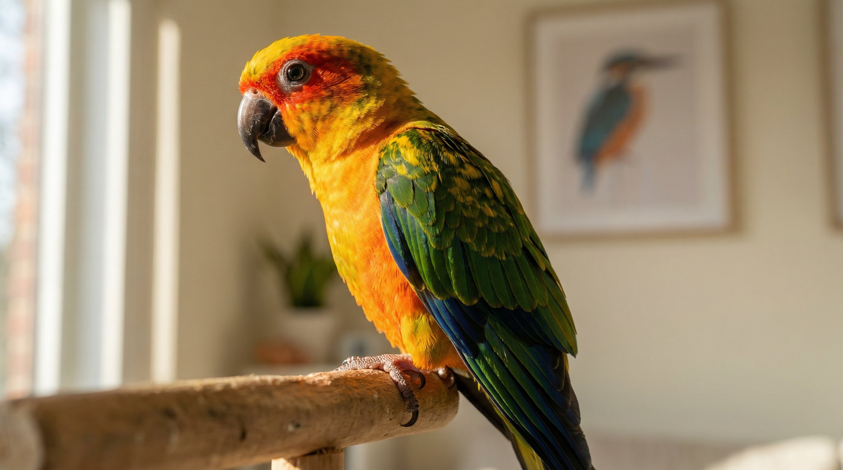 Sun conure in detailed side profile portrait with soft natural lighting.