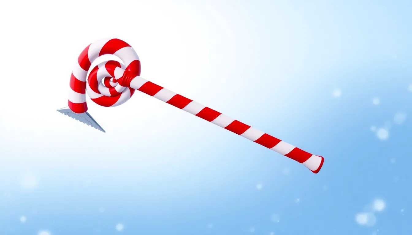 A vibrant Candy Cane Pickaxe displayed with a winter-themed background.