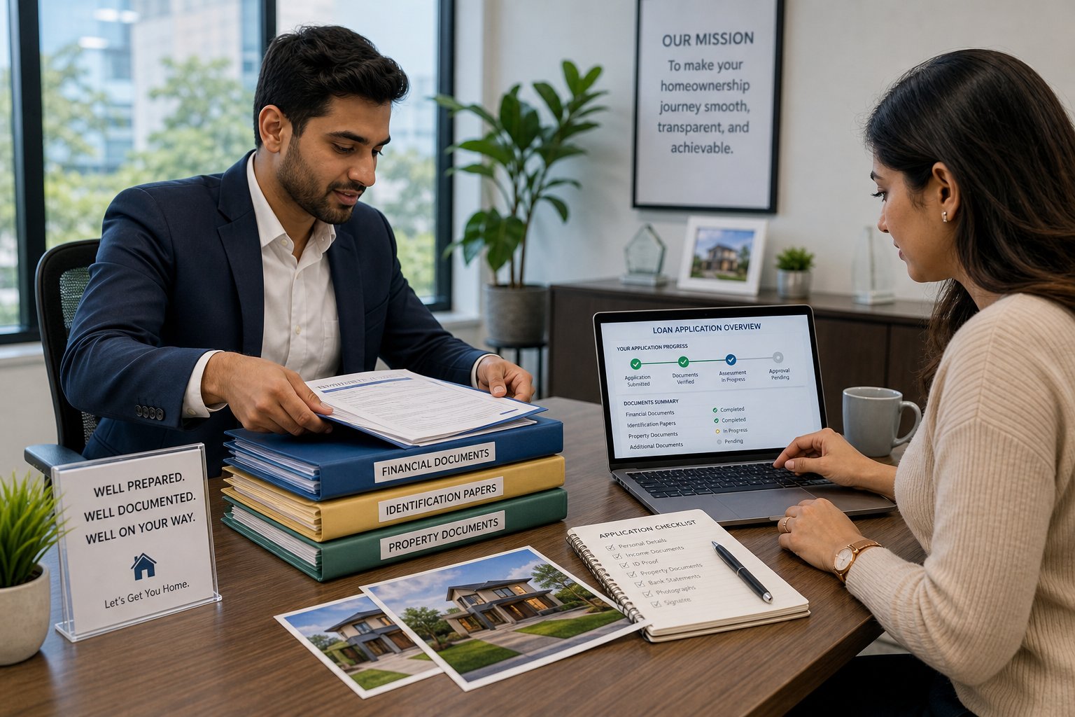 Advisor and client organizing a complete commercial mortgage application in a modern office.