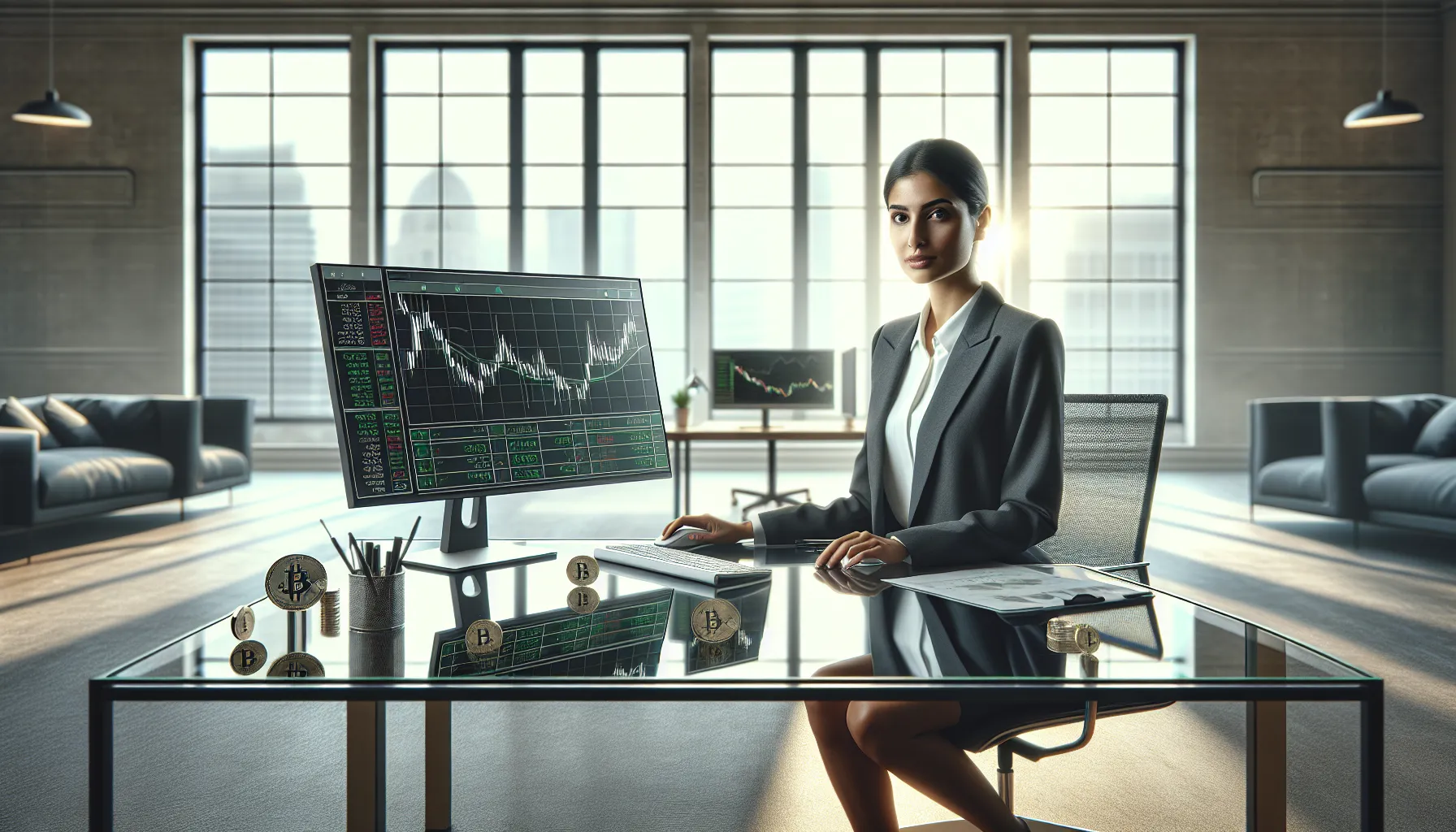 Professional trader viewing cryptocurrency grid trading interface on monitor in modern office.