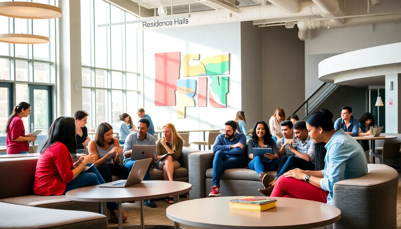 students socializing in a modern Ohio State University residence hall.