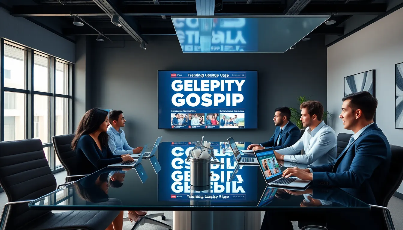 a diverse team discussing celebrity gossip in a modern office.