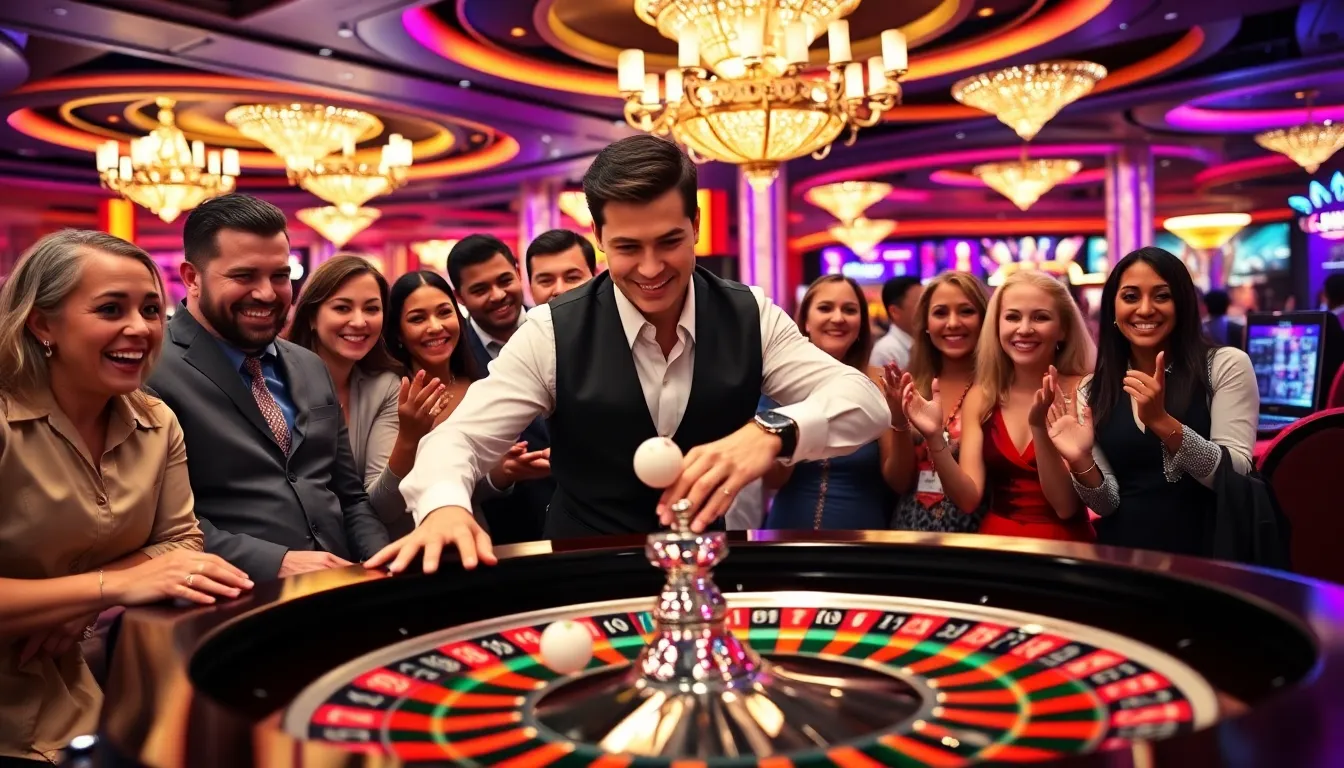 A diverse group of players eagerly watch a dealer at a Buckshot Roulette table.