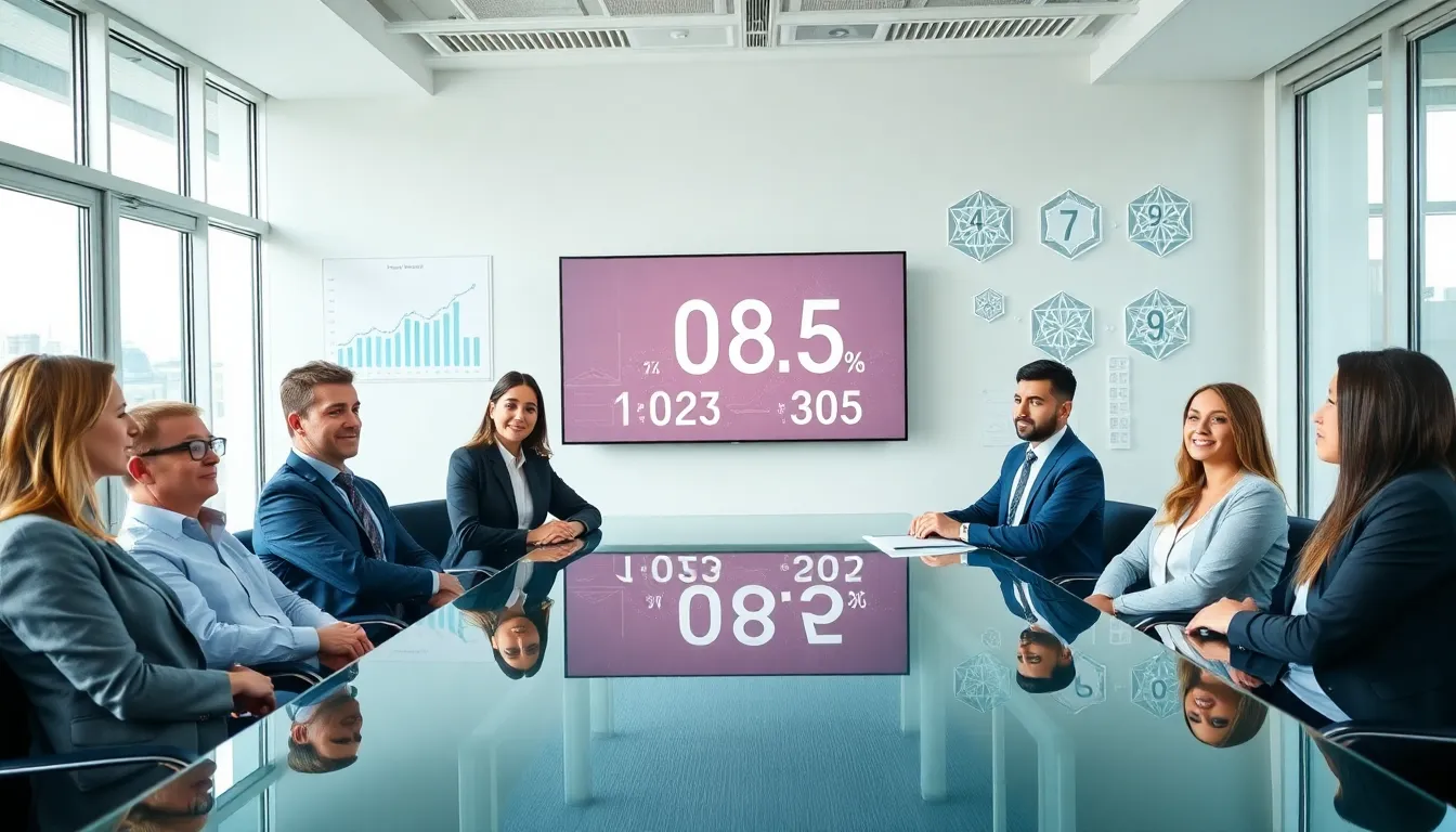 diverse professionals discussing numerology in a modern office.