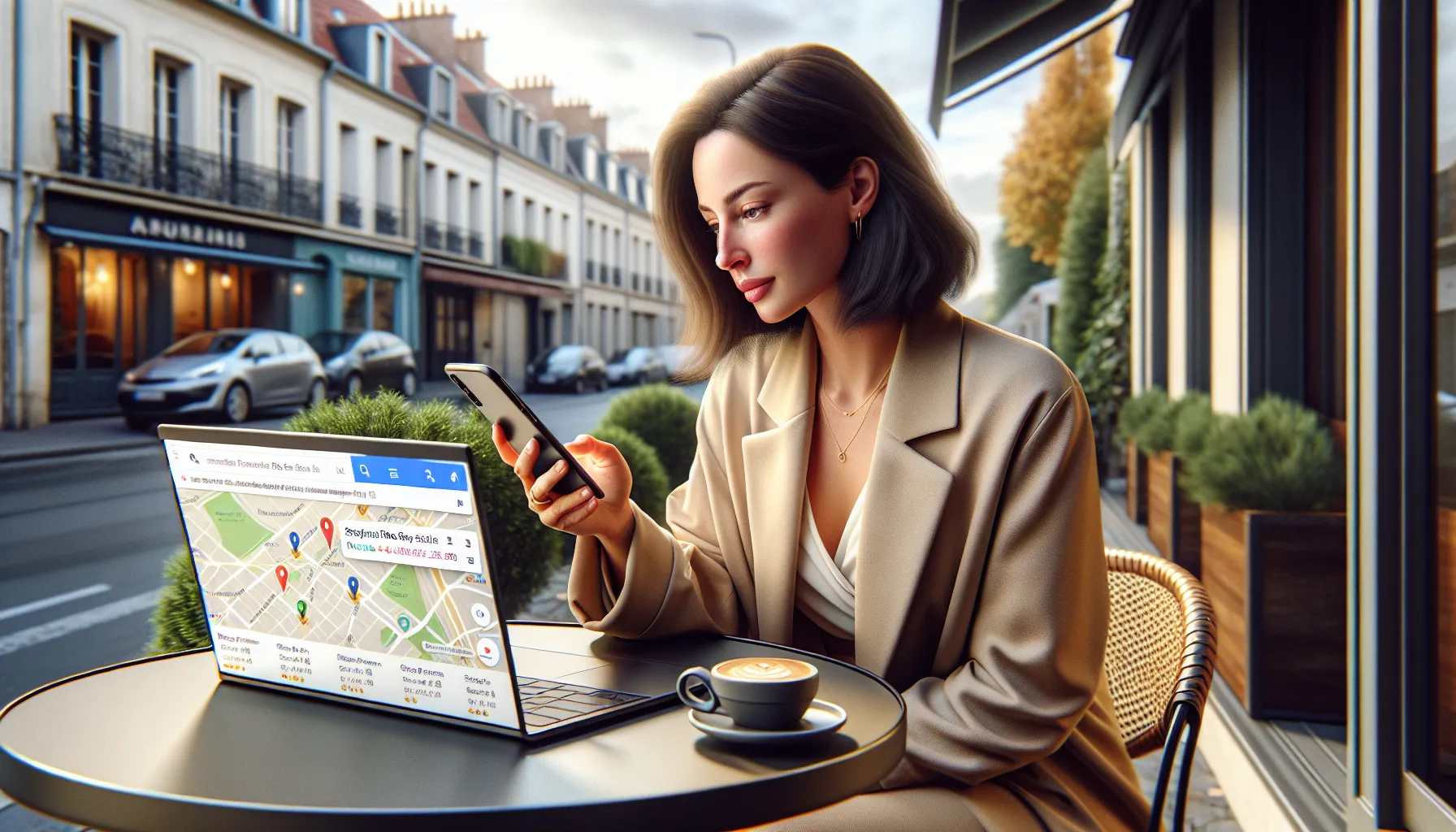 Woman in a Rosny-sous-Bois café searching local services on her smartphone.