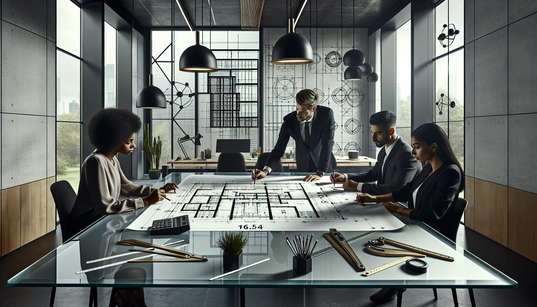 professionals analyzing a blueprint with dimensions 16.55x40 in a modern office.