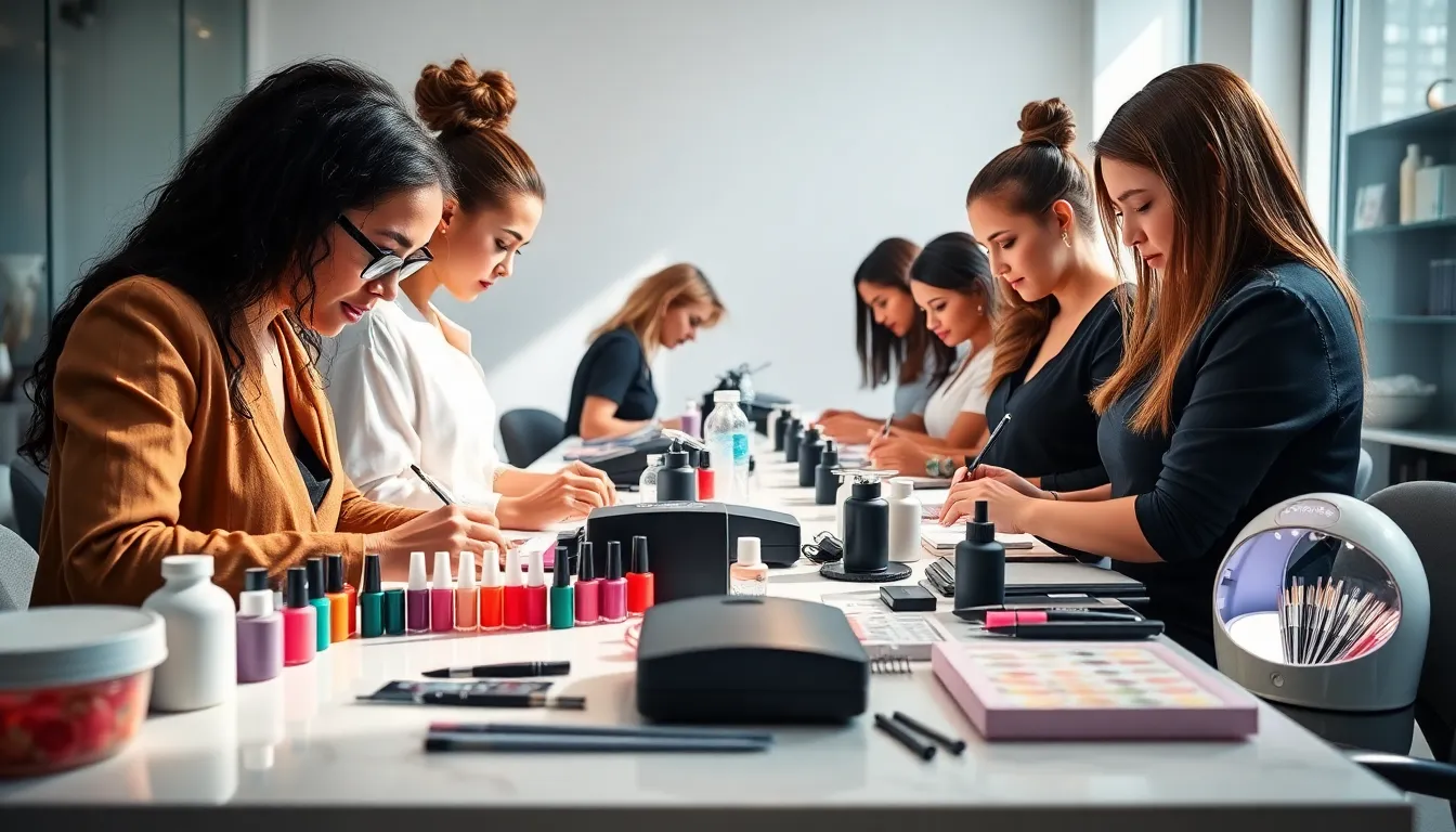 nail technicians using high-quality accessories in a modern salon setting.