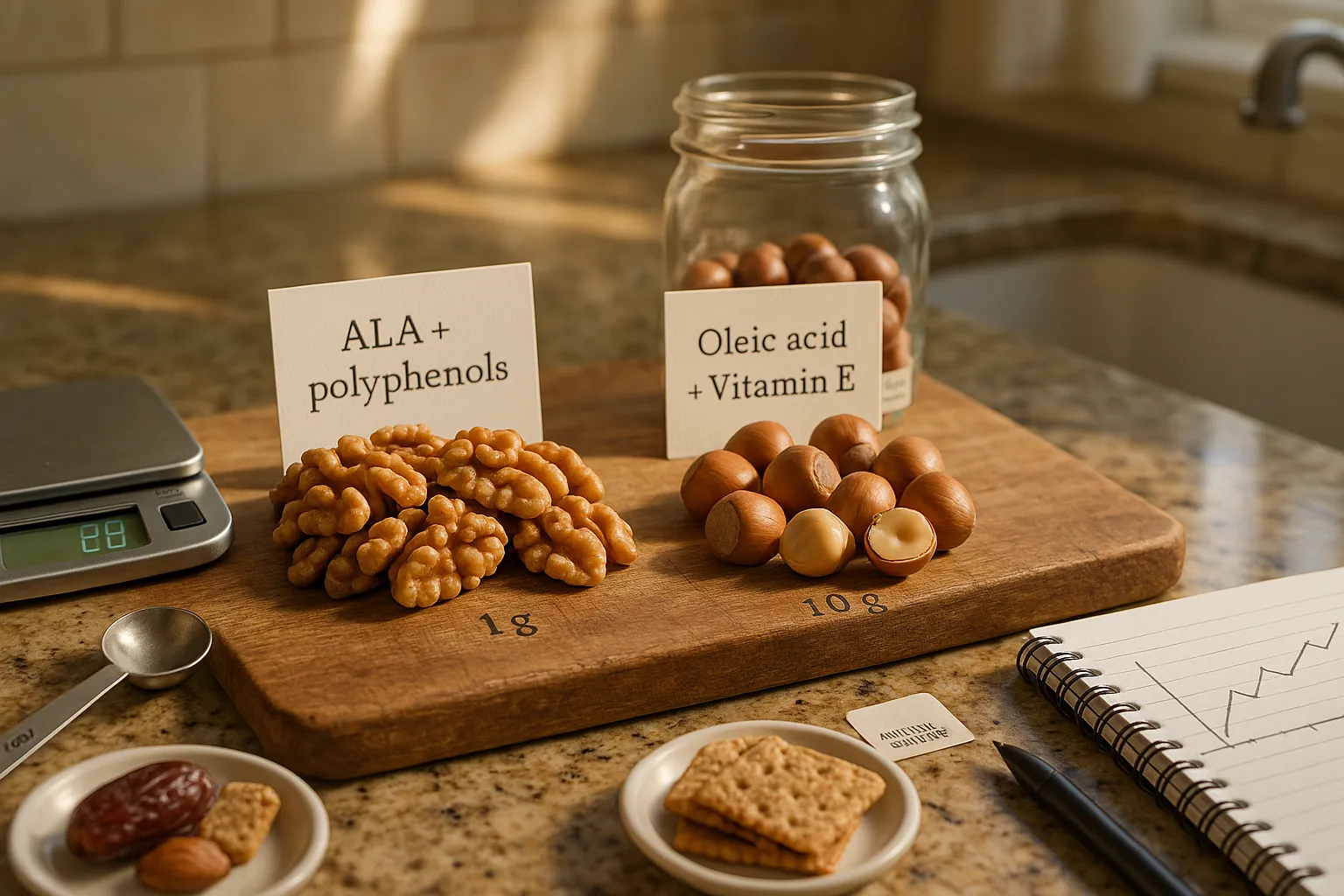 two small piles of walnuts and hazelnuts on a cutting board with scale and notes