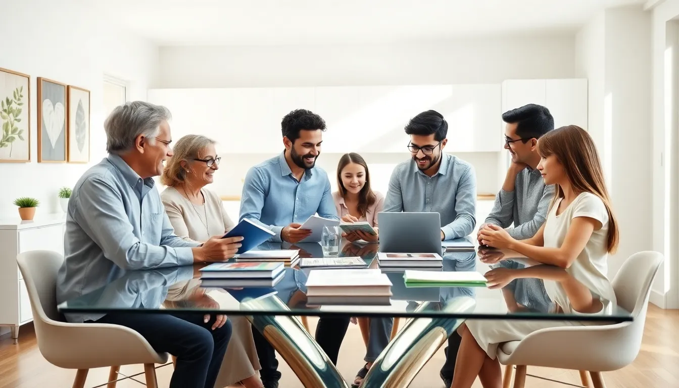 Family discussing financial strategies around a modern dining table.
