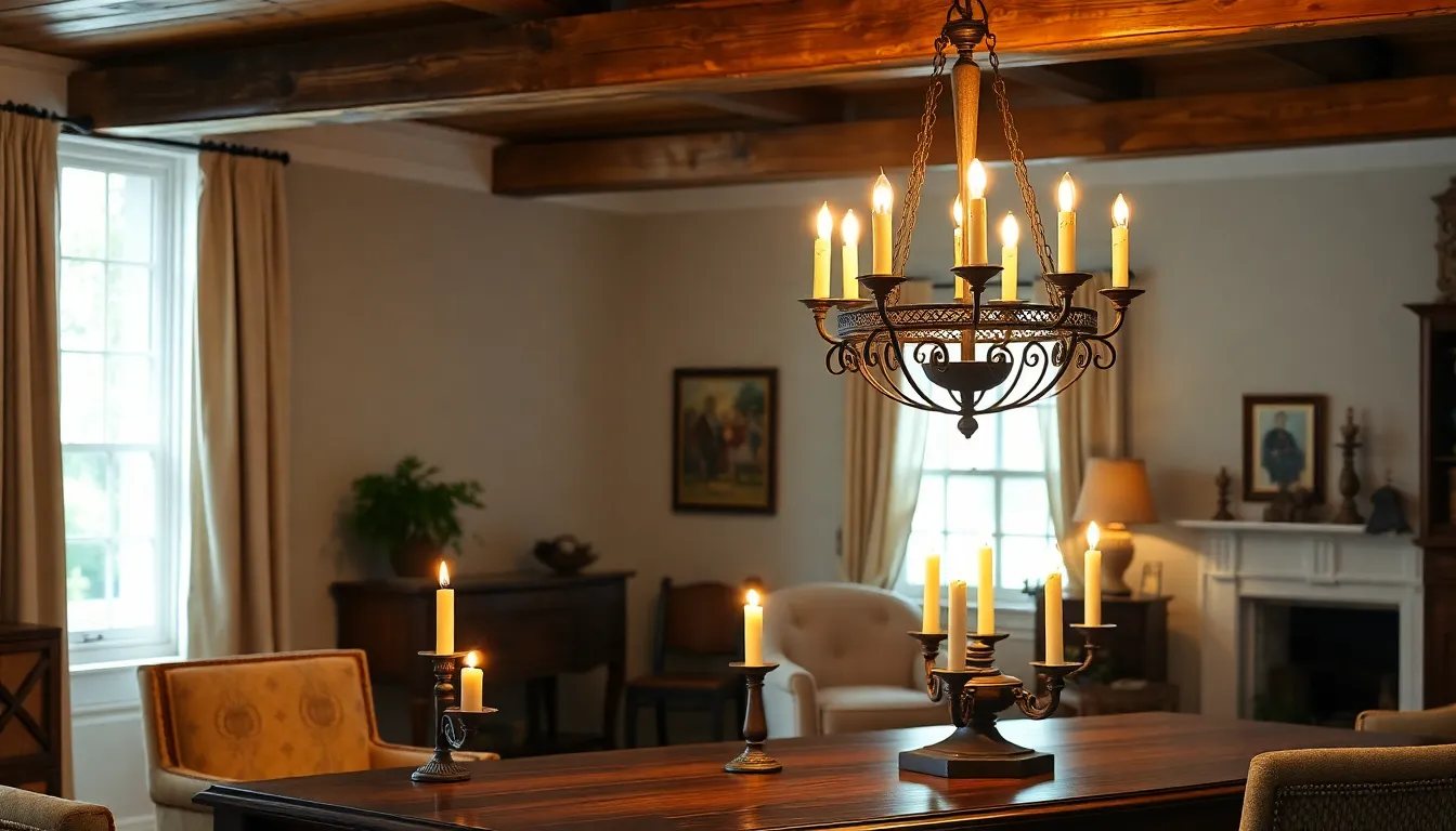 colonial-themed living room decorated with a candle chandelier.