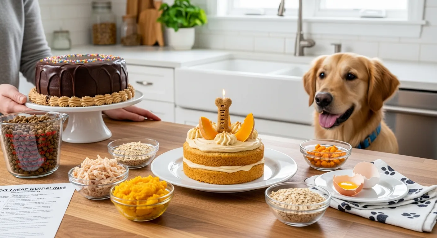 Golden retriever eyeing a dog-safe birthday cake beside a rich human cake.
