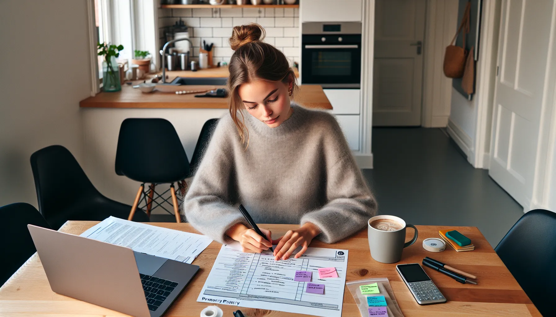 Young woman planning first home purchase with checklist, laptop, and oslo tram view.