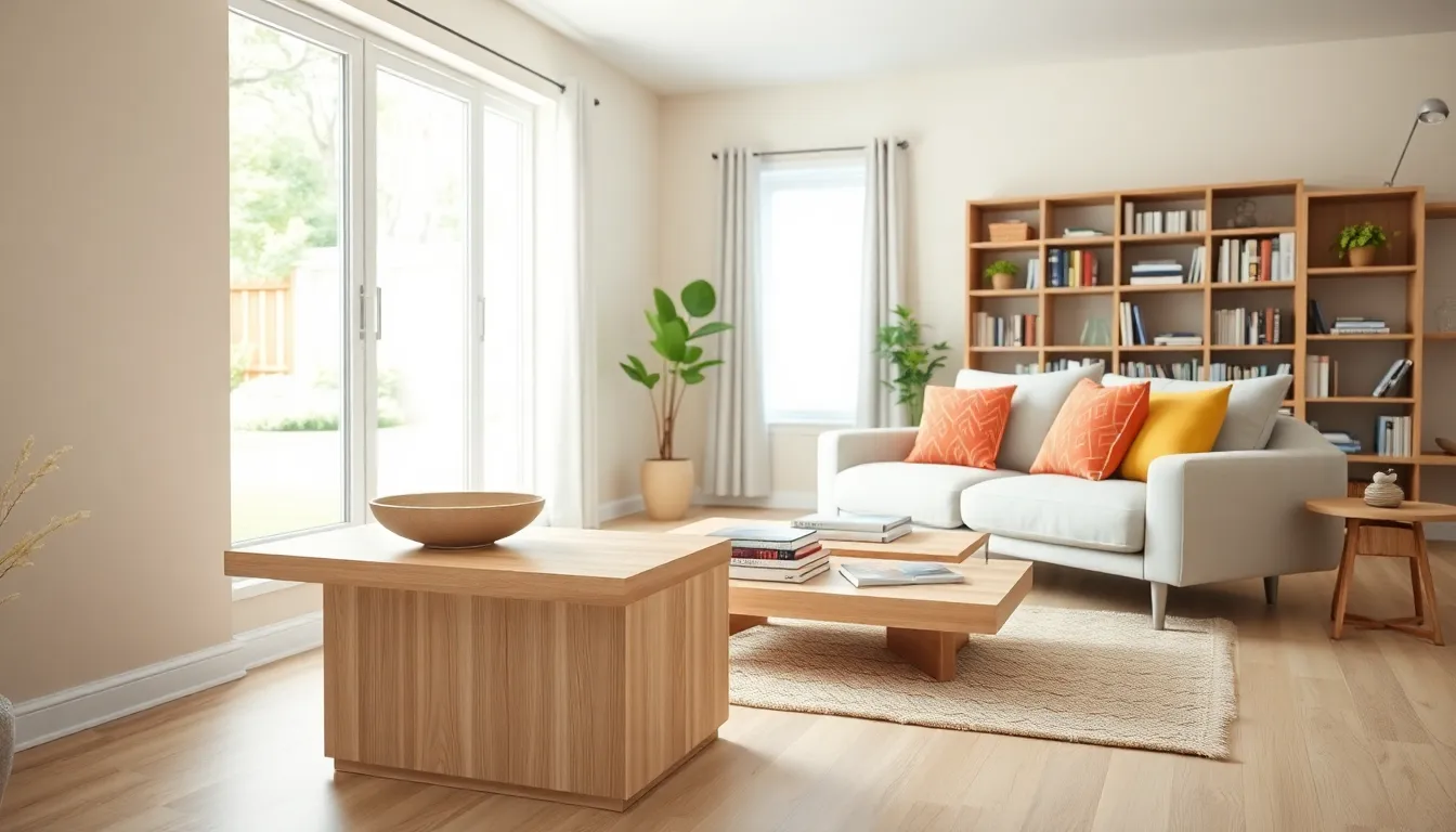 A modern, organized living room with neutral colors and stylish decor.