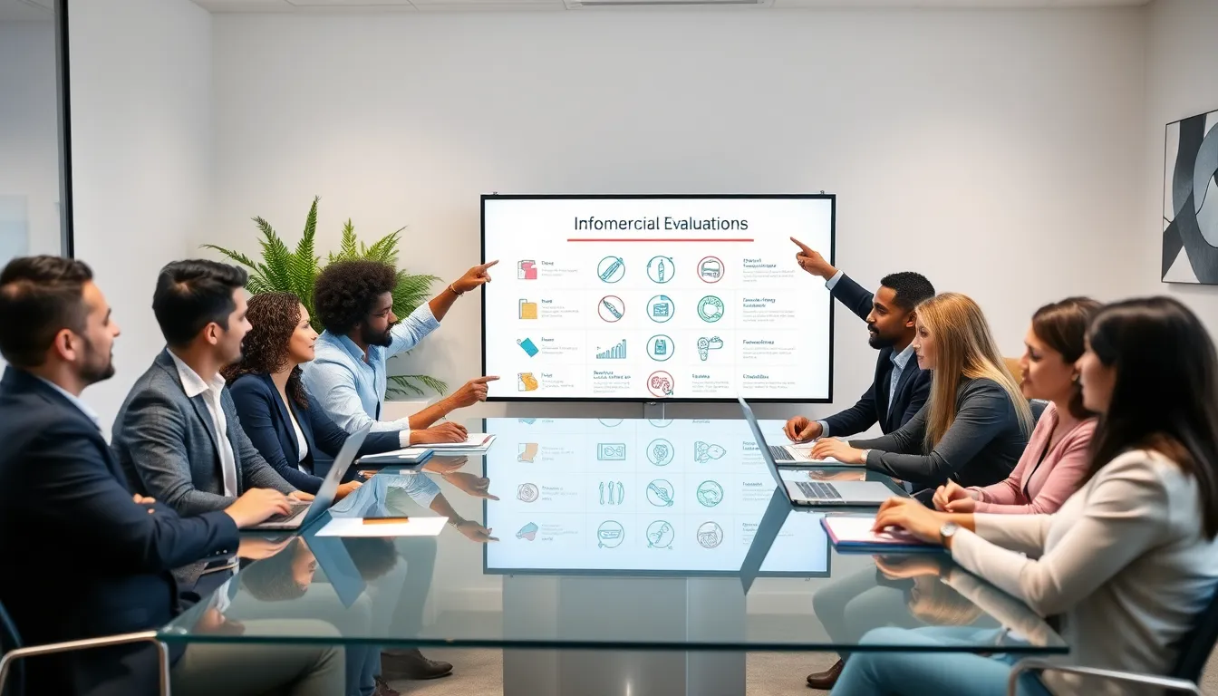 professionals discussing infomercial evaluations in a modern office.