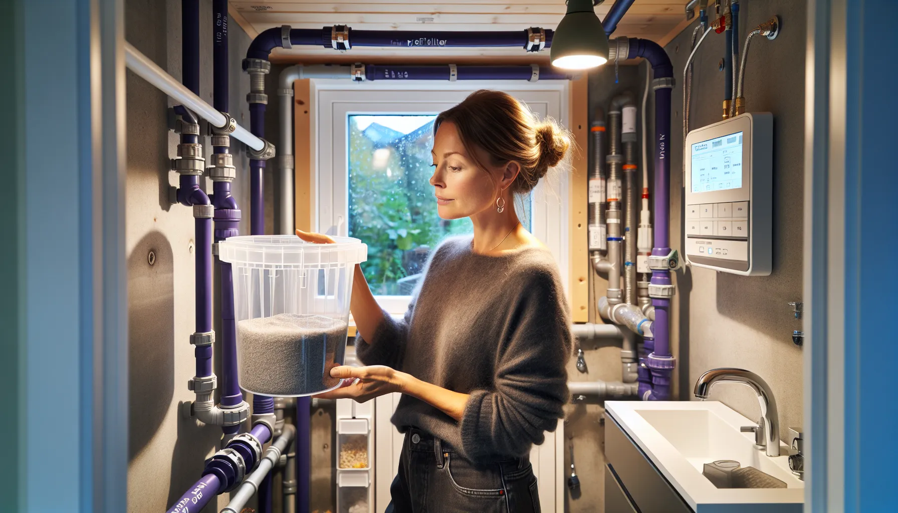 Norwegian homeowner checks greywater filters beside tank, uv unit, and labeled pipes.