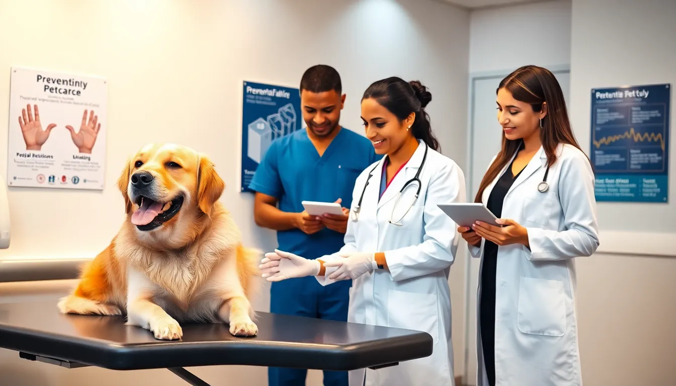 veterinarian examining a dog in a modern clinic setting.
