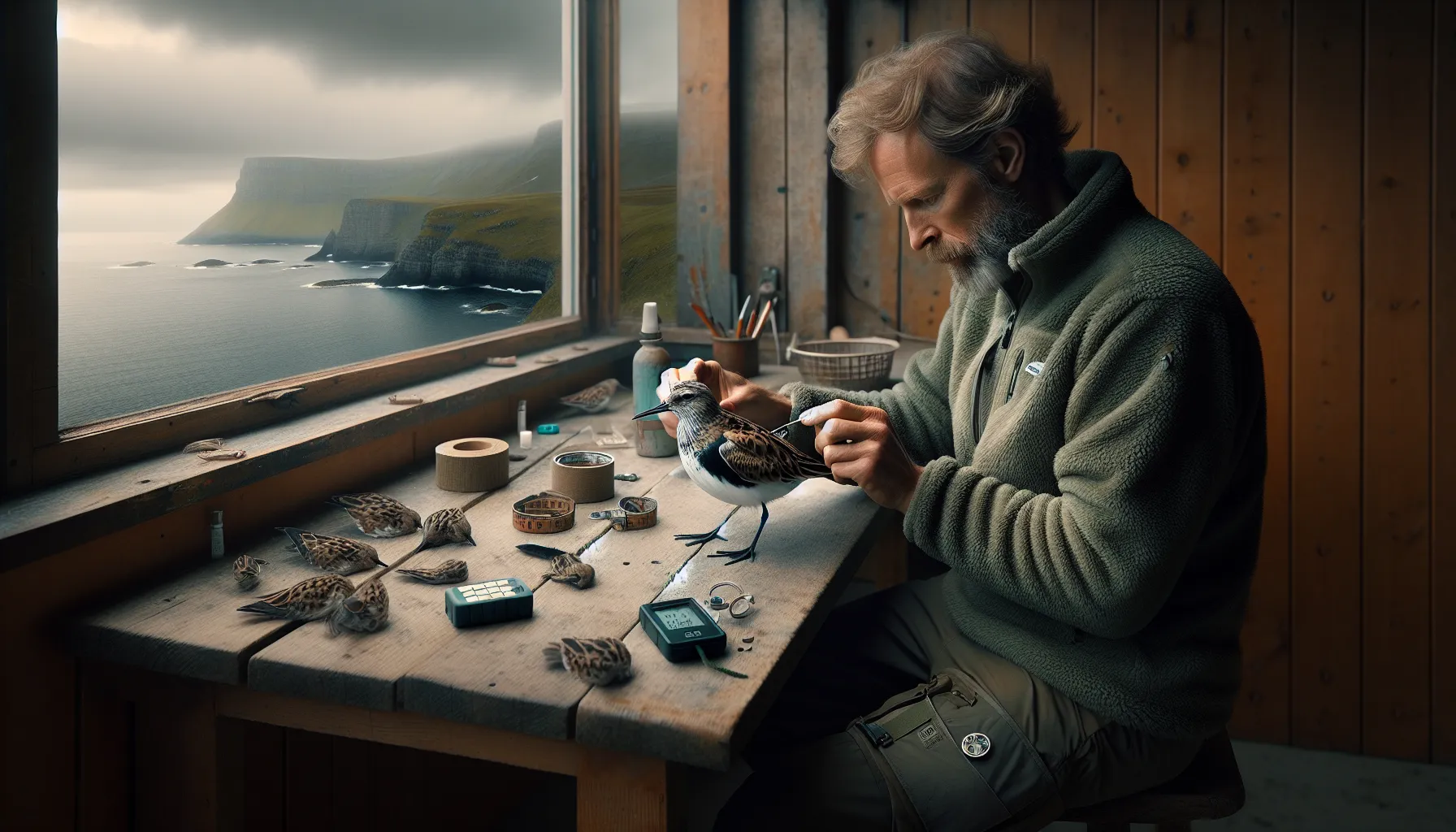 Norwegian researcher fits a gps transmitter on a ringed migratory bird in a lab.