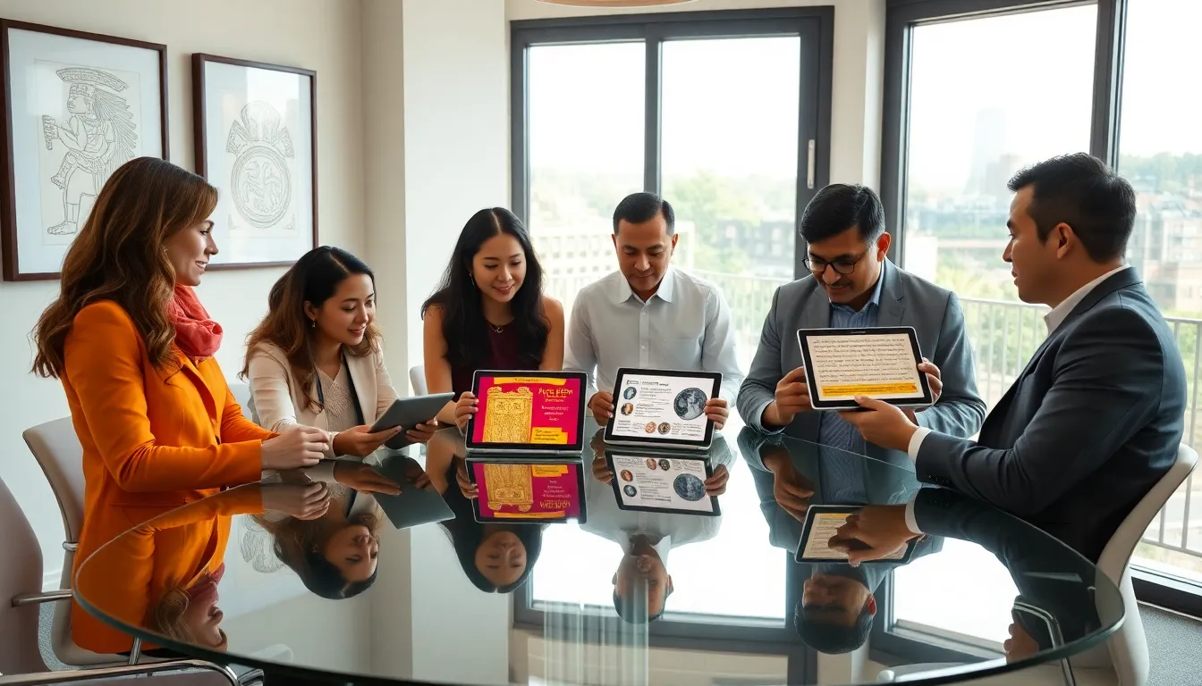 diverse team discussing Nahuatl language and culture in a modern office.