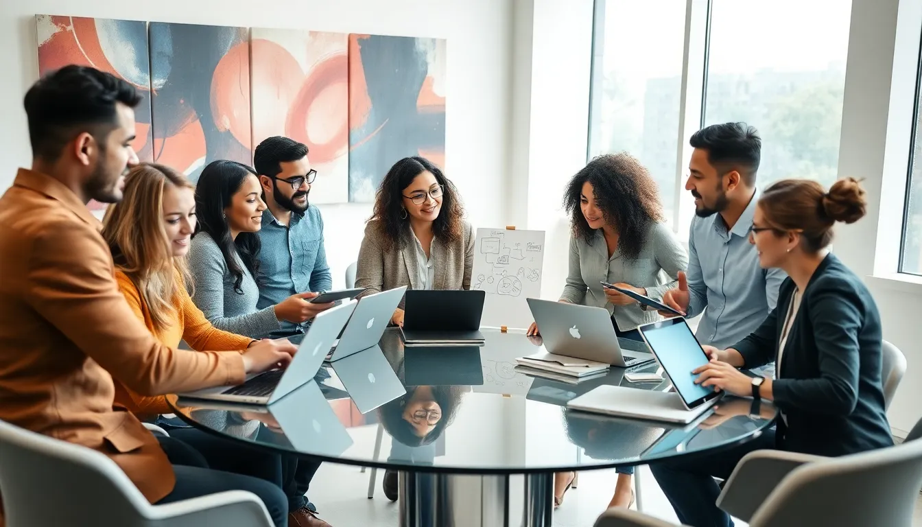 diverse team brainstorming in a modern, innovative workspace.
