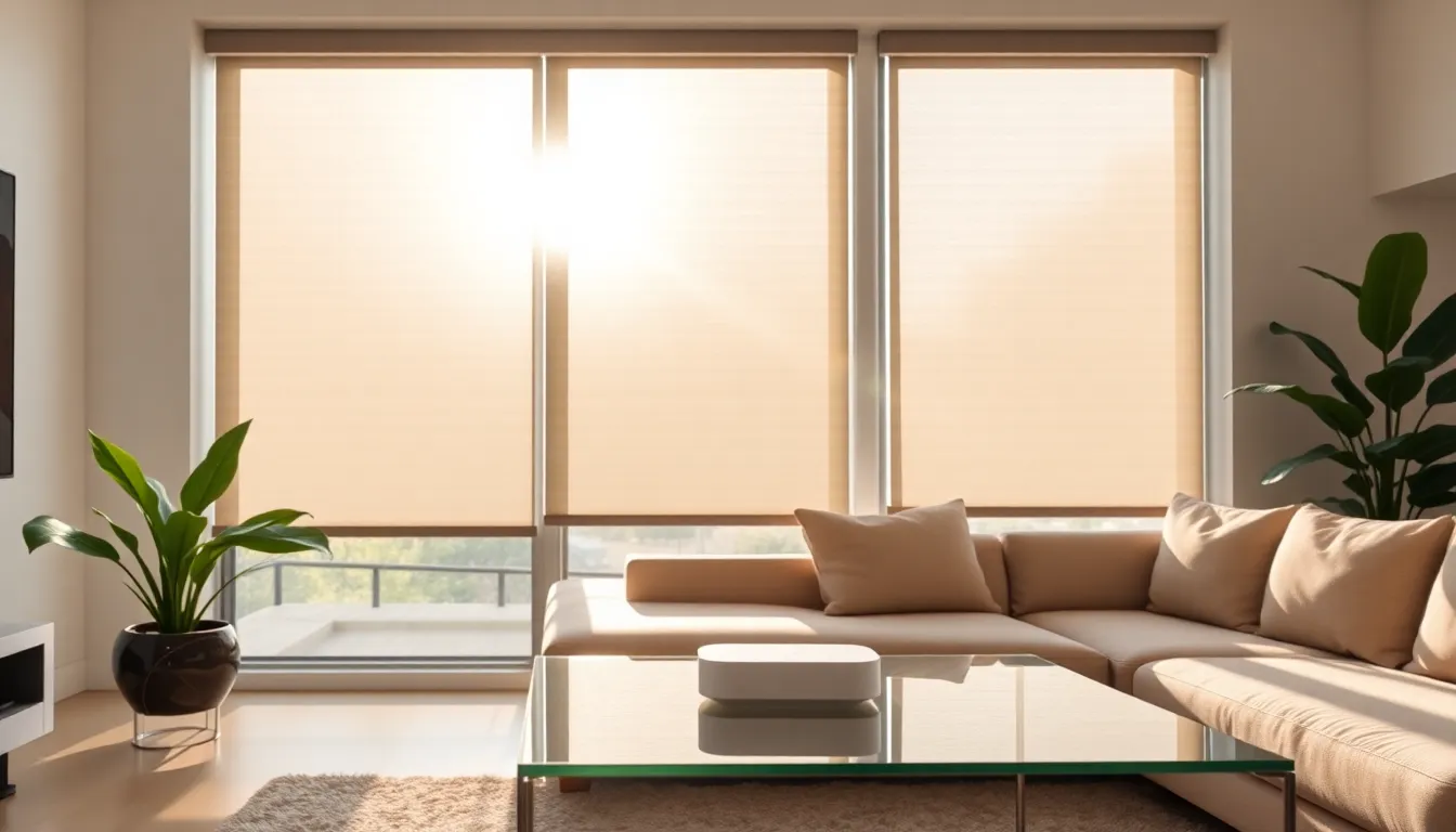 a modern living room with smart blinds adjusting light and privacy.