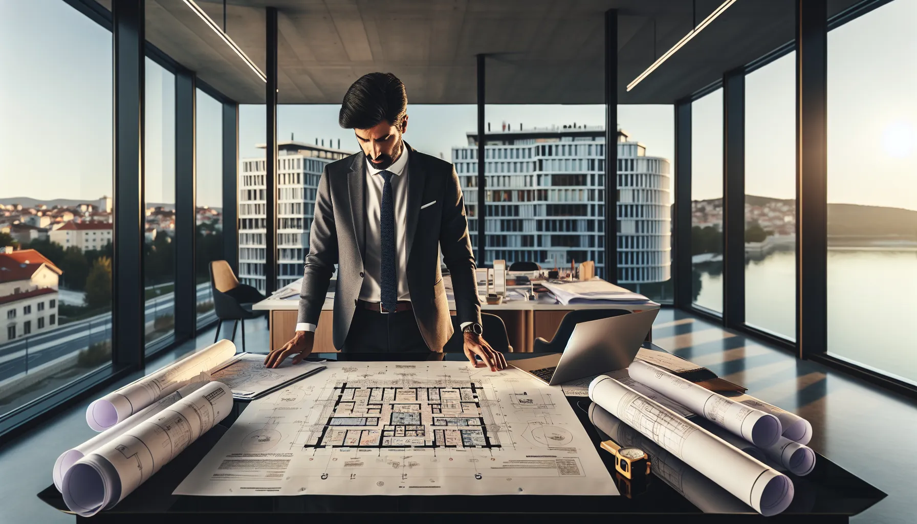 Architect reviewing building plans and zoning documents for property conversion