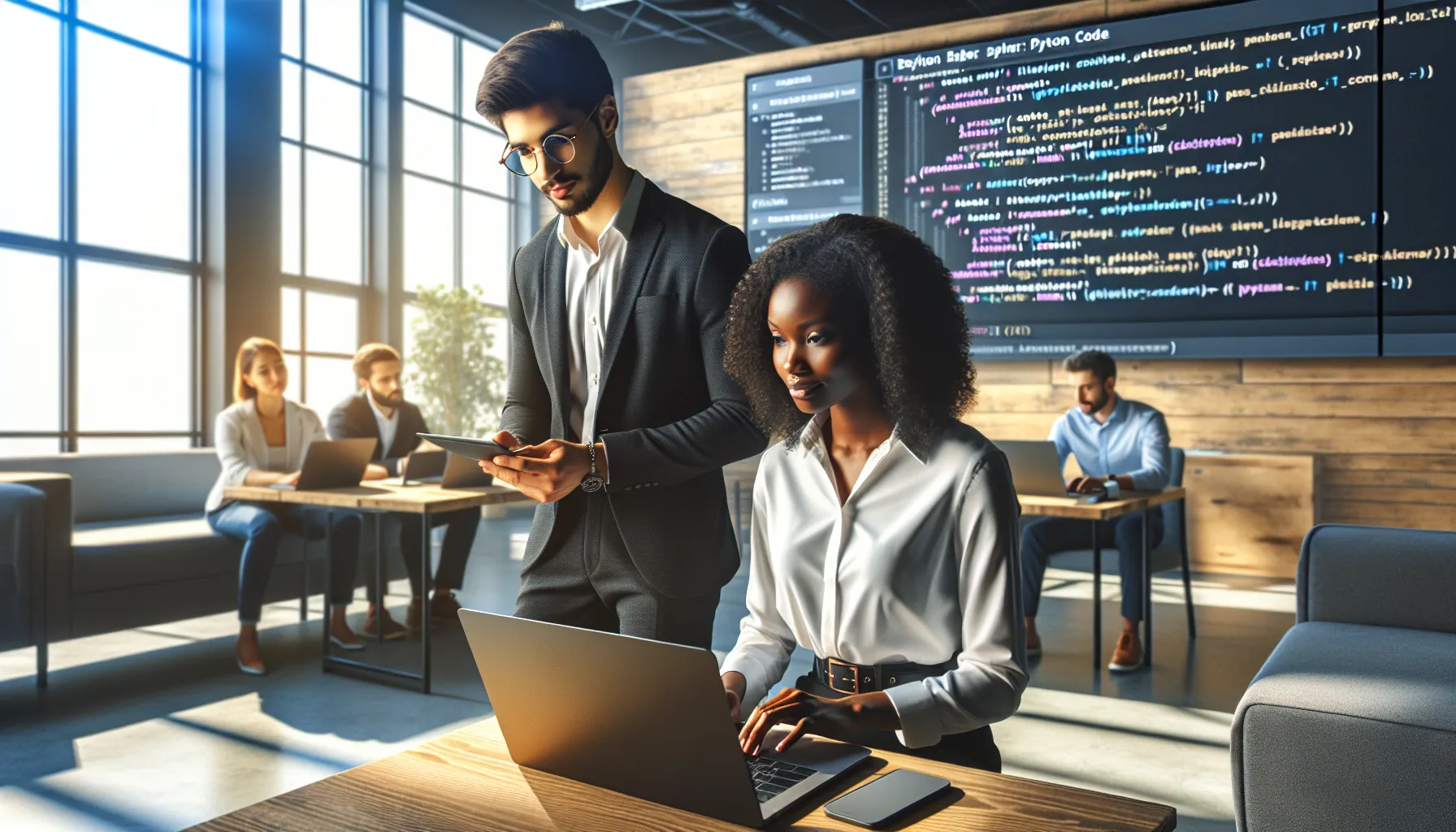 diverse developers collaborating in a modern workspace on Python coding.