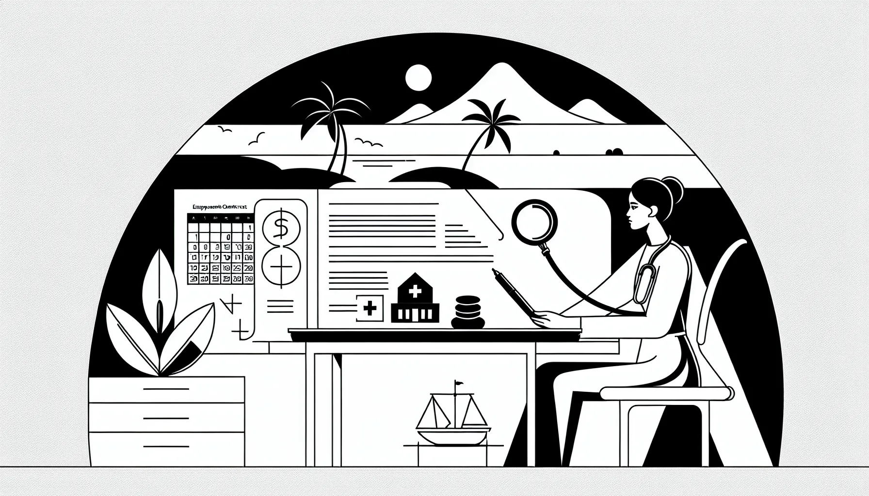 Veterinarian examining an employment contract with Hawaiian island silhouette of Hawaii Veterinary Contract Review.