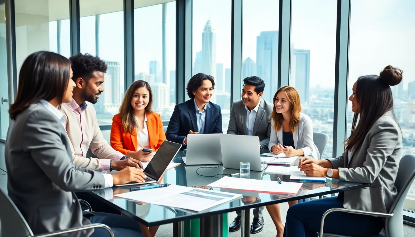 diverse team collaborating in a modern office focused on biotech solutions.
