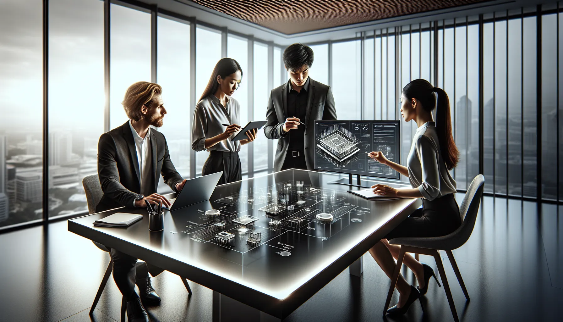 diverse team discussing technology in a modern office setting.