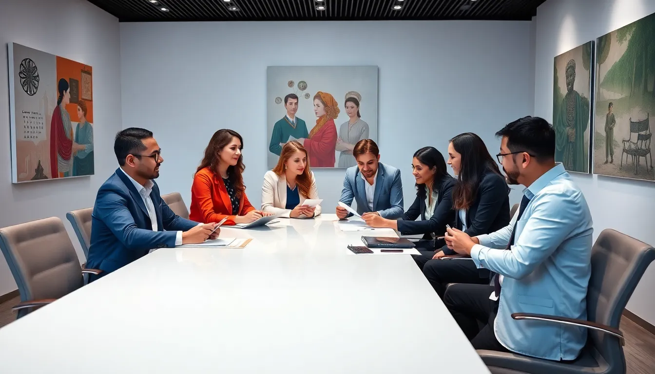 diverse team discussing cultural significance in a modern office.